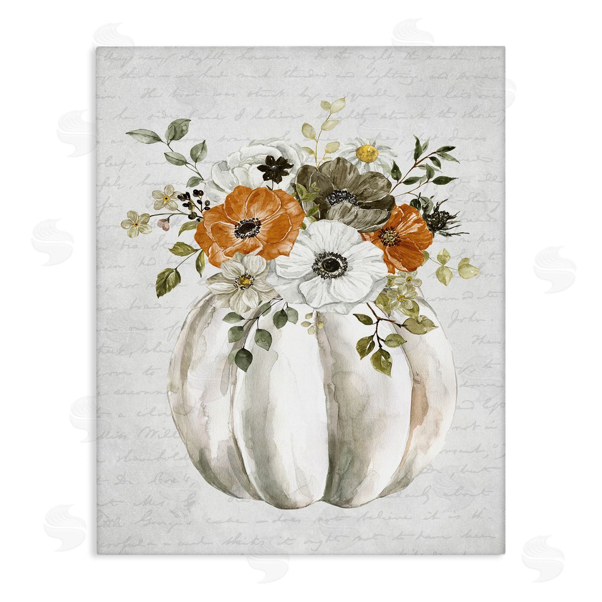 Lettered and Lined Festive Flower Bouquet Pumpkin Cursive Words  Stretched Canvas Wall Art Print