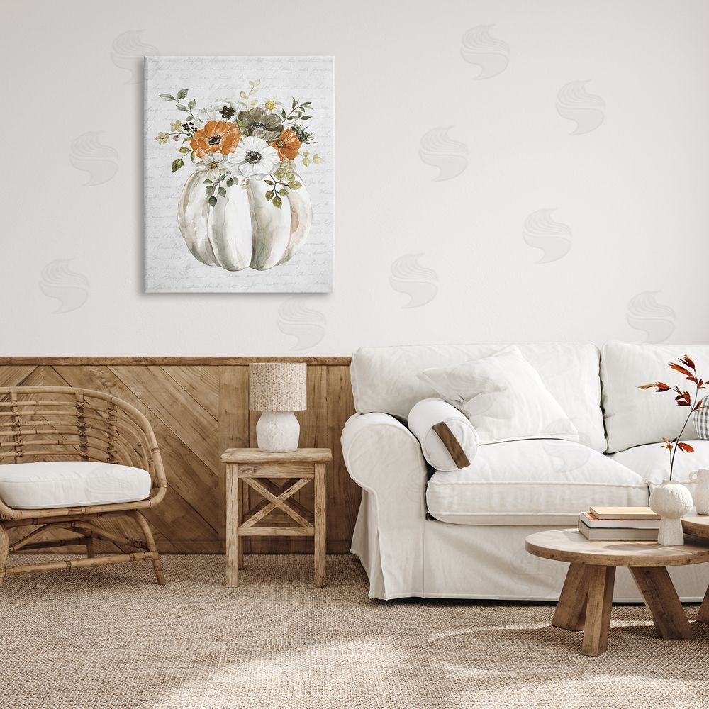 Lettered and Lined Festive Flower Bouquet Pumpkin Cursive Words  Canvas Wall Art Print in Room