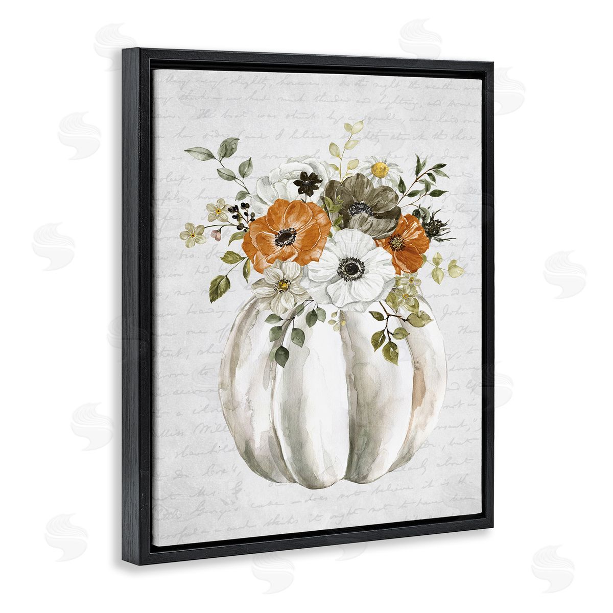 Lettered and Lined Festive Flower Bouquet Pumpkin Cursive Words  Black Floating Frame Canvas Wall Art Print