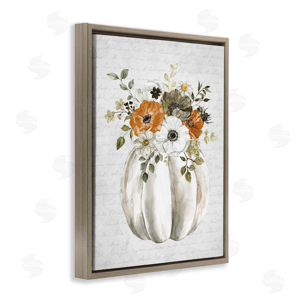 Lettered and Lined Festive Flower Bouquet Pumpkin Cursive Words  Brown Floating Frame Canvas Wall Art Print