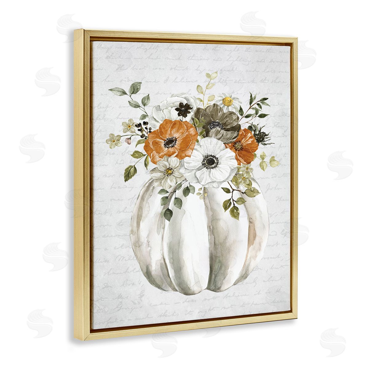 Lettered and Lined Festive Flower Bouquet Pumpkin Cursive Words  Gold Floating Frame Canvas Wall Art Print