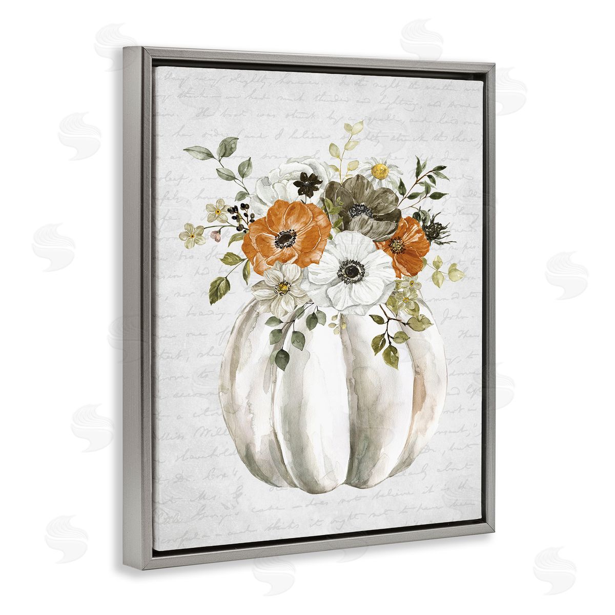 Lettered and Lined Festive Flower Bouquet Pumpkin Cursive Words  Gray Floating Frame Canvas Wall Art Print