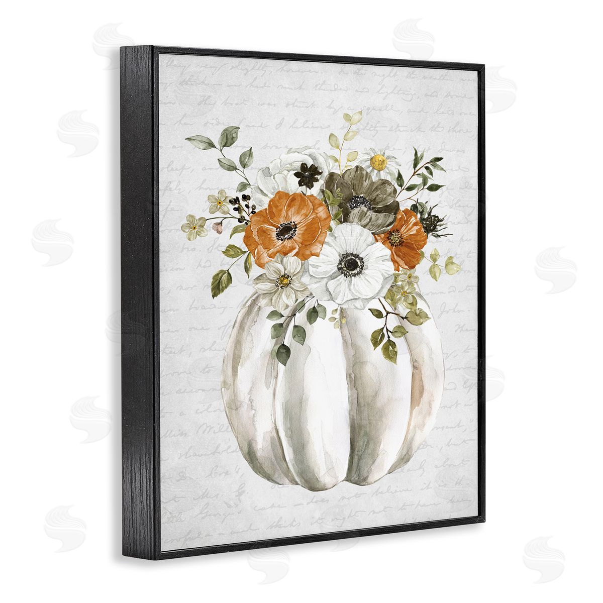 Lettered and Lined Festive Flower Bouquet Pumpkin Cursive Words  Black Framed Giclee Wall Art Print