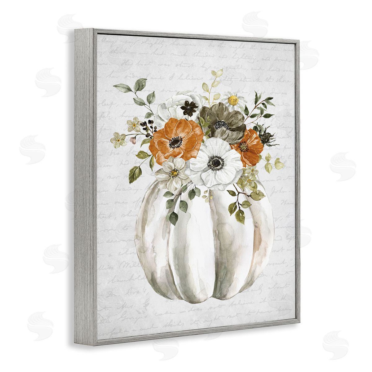 Lettered and Lined Festive Flower Bouquet Pumpkin Cursive Words  Gray Framed Giclee Wall Art Print