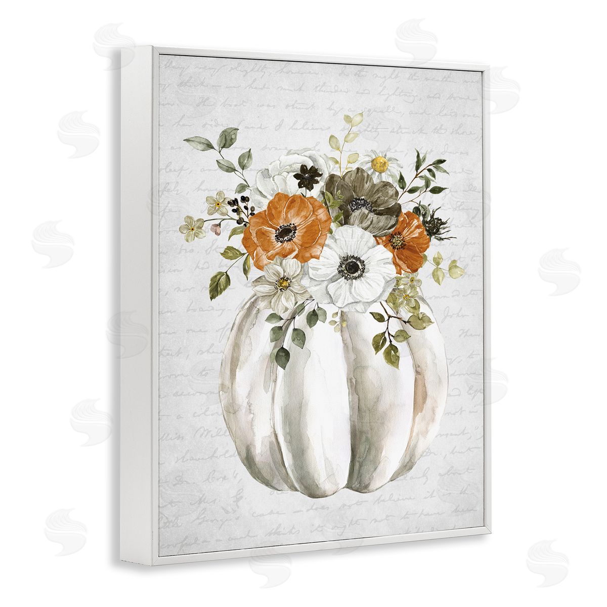 Lettered and Lined Festive Flower Bouquet Pumpkin Cursive Words  White Framed Giclee Wall Art Print