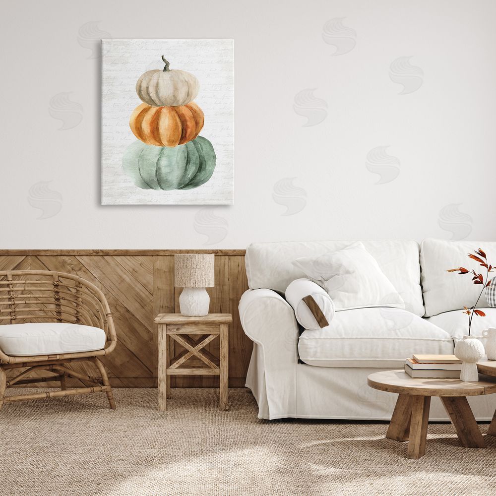 Lettered and Lined Stacked Autumn Fall Pumpkins Cursive Words  Canvas Wall Art Print in Room