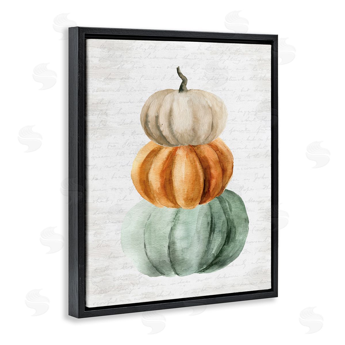 Lettered and Lined Stacked Autumn Fall Pumpkins Cursive Words  Black Floating Frame Canvas Wall Art Print