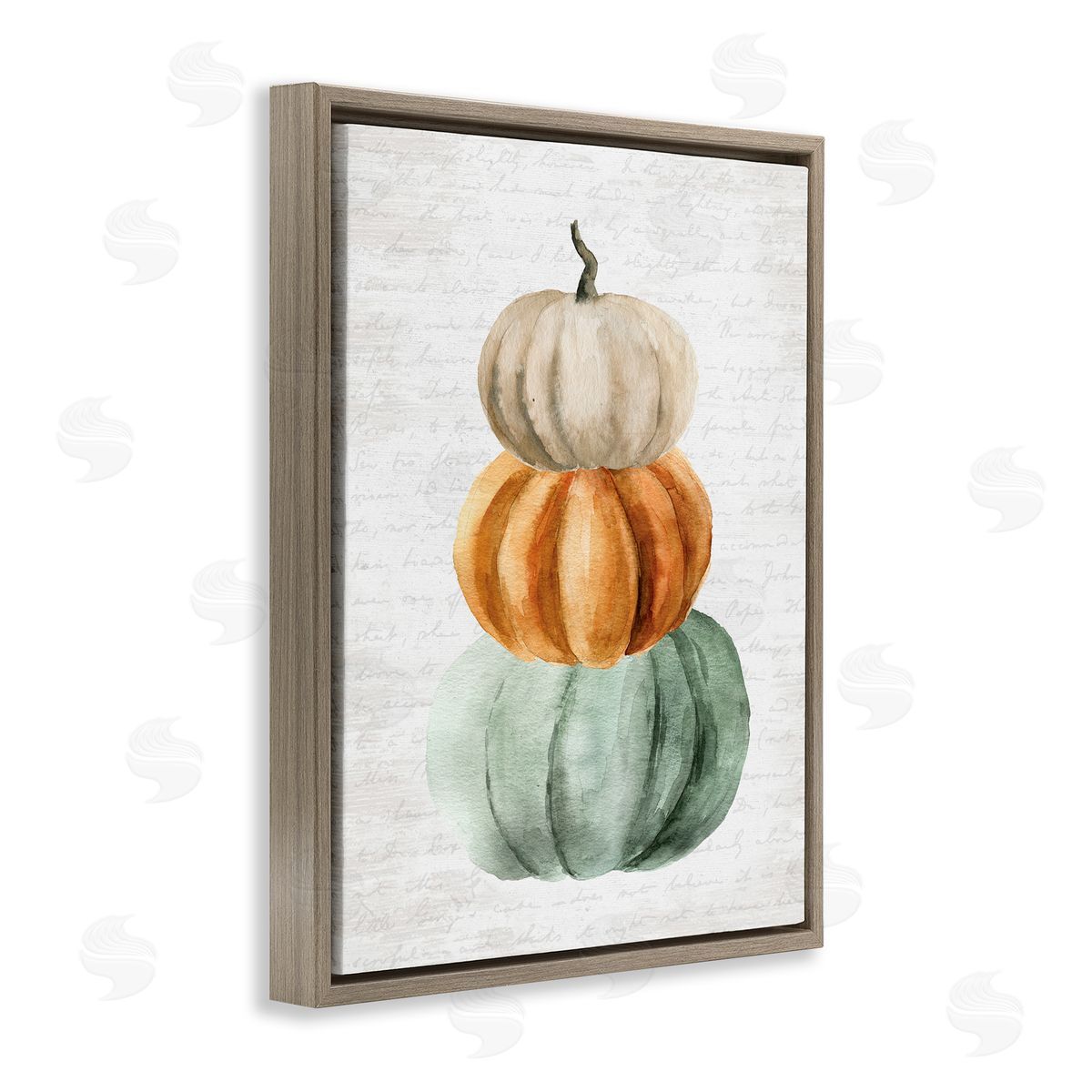 Lettered and Lined Stacked Autumn Fall Pumpkins Cursive Words  Brown Floating Frame Canvas Wall Art Print