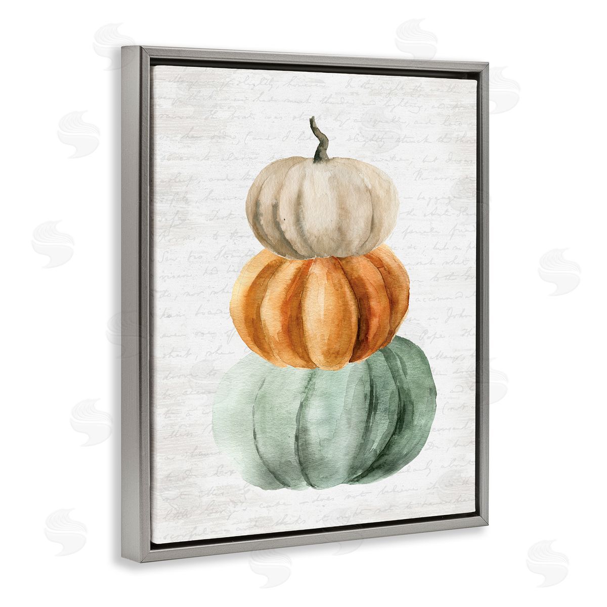 Lettered and Lined Stacked Autumn Fall Pumpkins Cursive Words  Gray Floating Frame Canvas Wall Art Print