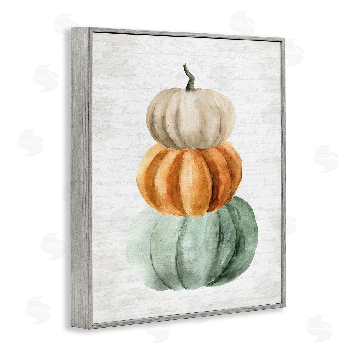 Lettered and Lined Stacked Autumn Fall Pumpkins Cursive Words  Gray Framed Giclee Wall Art Print