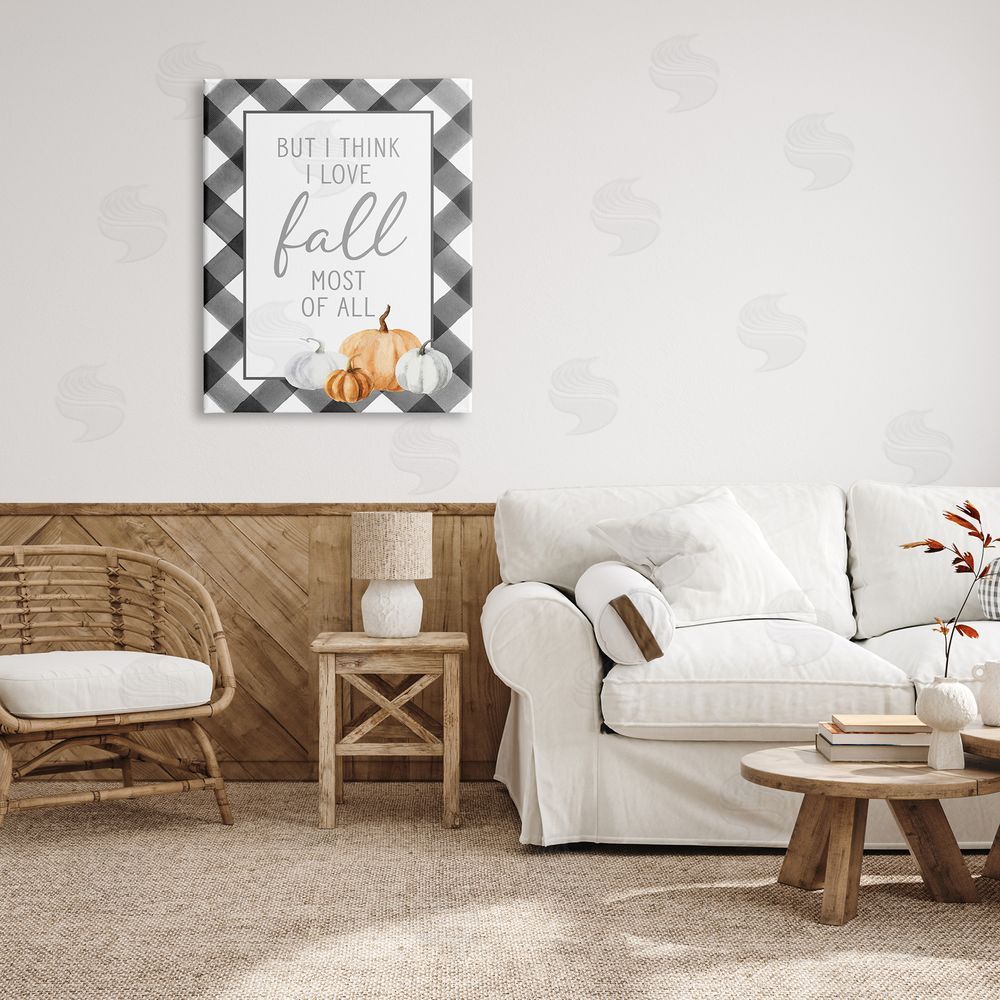 Lettered and Lined Love Fall Festive Phrase Autumn Plaid   Canvas Wall Art Print in Room