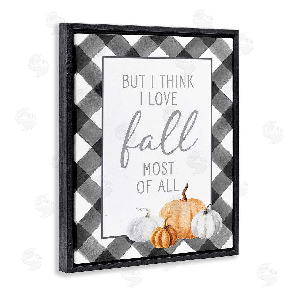 Lettered and Lined Love Fall Festive Phrase Autumn Plaid   Black Floating Frame Canvas Wall Art Print