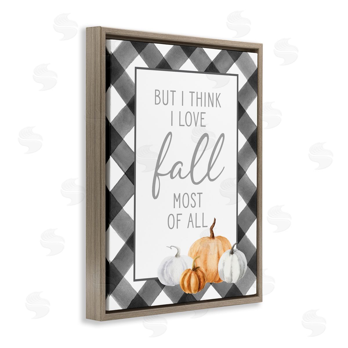 Lettered and Lined Love Fall Festive Phrase Autumn Plaid   Brown Floating Frame Canvas Wall Art Print