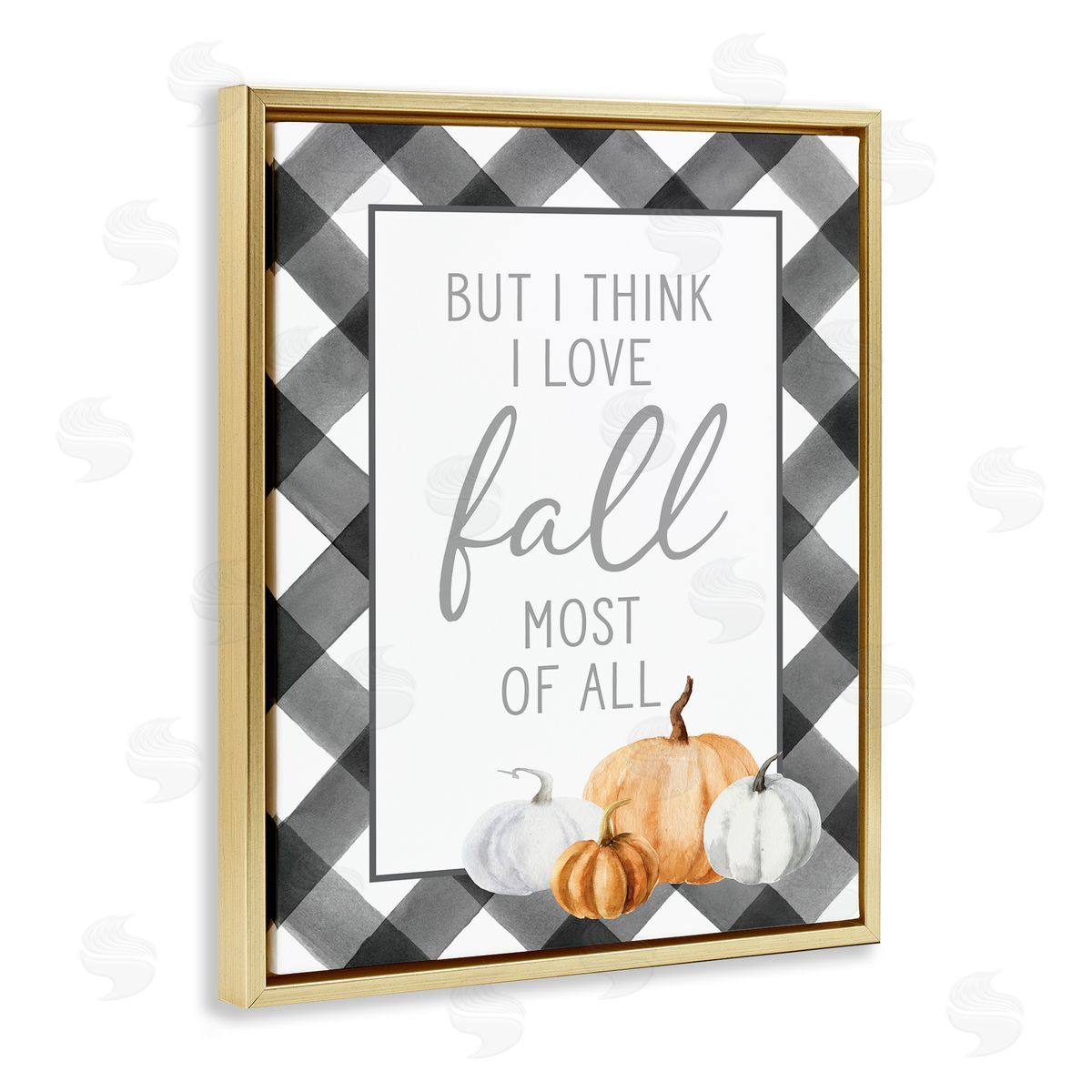 Lettered and Lined Love Fall Festive Phrase Autumn Plaid   Gold Floating Frame Canvas Wall Art Print