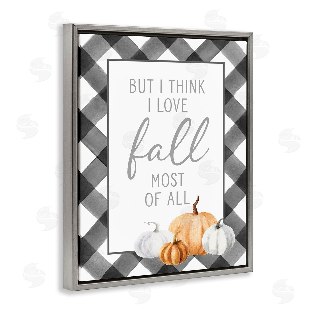 Lettered and Lined Love Fall Festive Phrase Autumn Plaid   Gray Floating Frame Canvas Wall Art Print