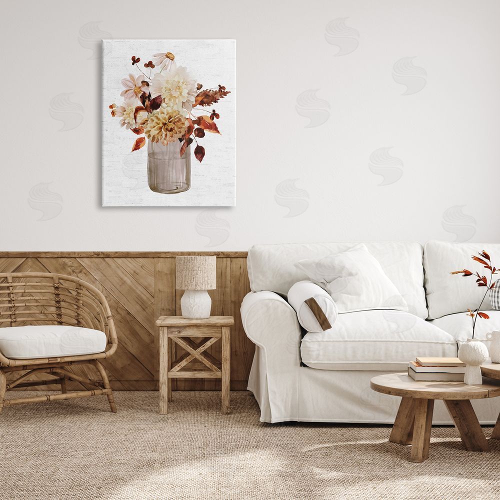 Lettered and Lined Lovely Autumnal Flower Bouquet Rustic Grain Pattern Canvas Wall Art Print in Room