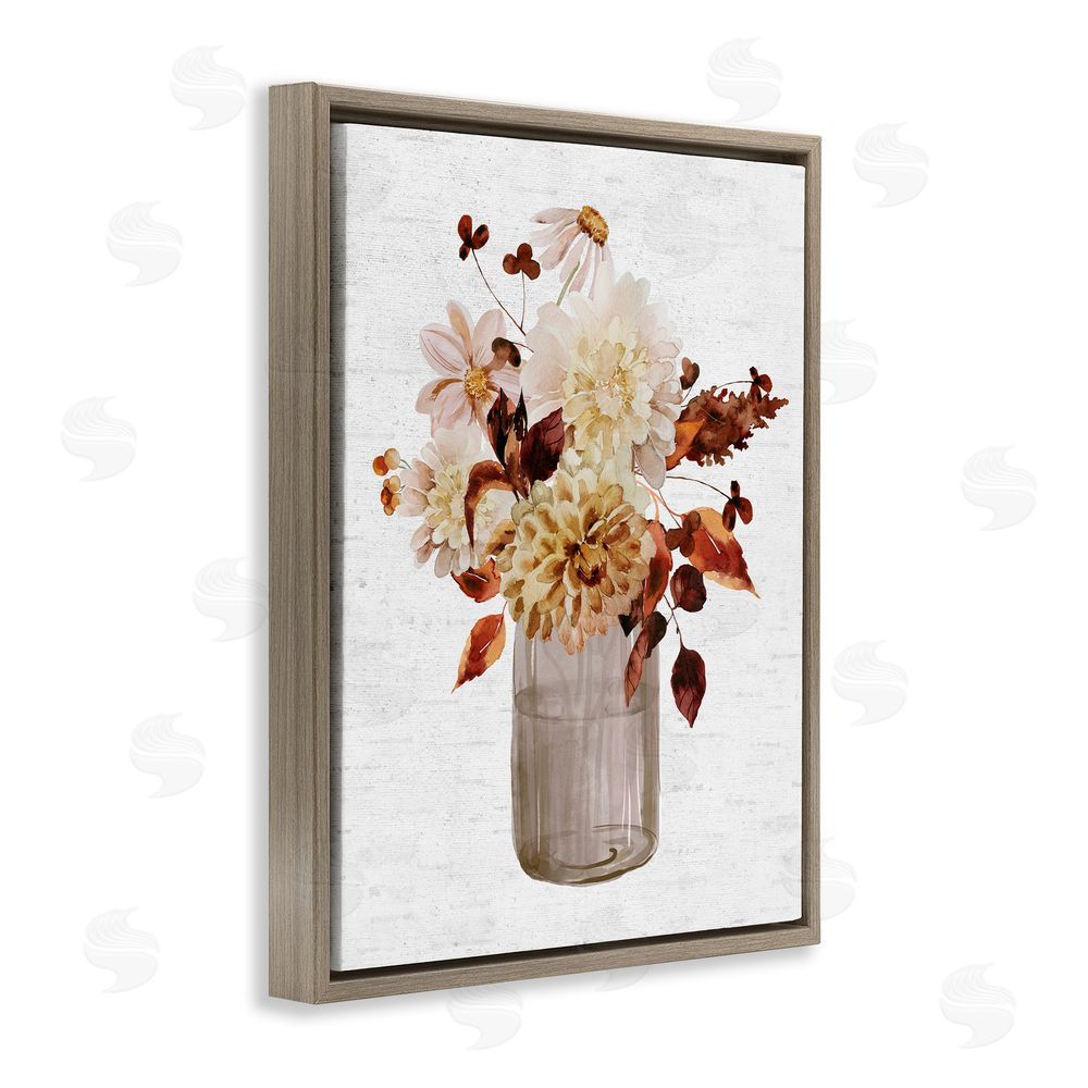 Lettered and Lined Lovely Autumnal Flower Bouquet Rustic Grain Pattern Brown Floating Frame Canvas Wall Art Print