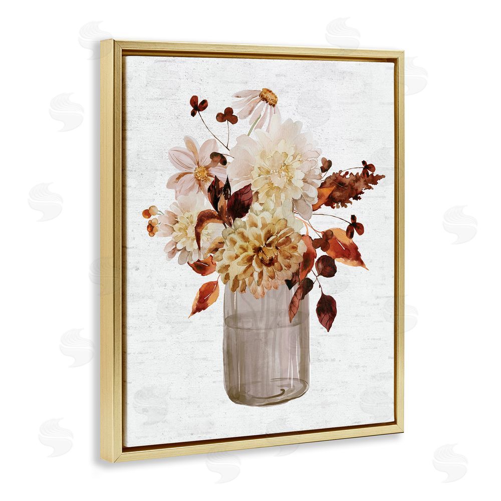 Lettered and Lined Lovely Autumnal Flower Bouquet Rustic Grain Pattern Gold Floating Frame Canvas Wall Art Print