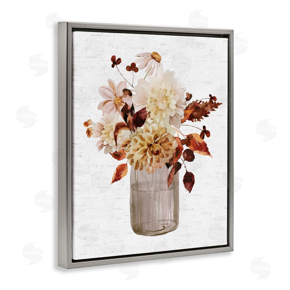 Lettered and Lined Lovely Autumnal Flower Bouquet Rustic Grain Pattern Gray Floating Frame Canvas Wall Art Print