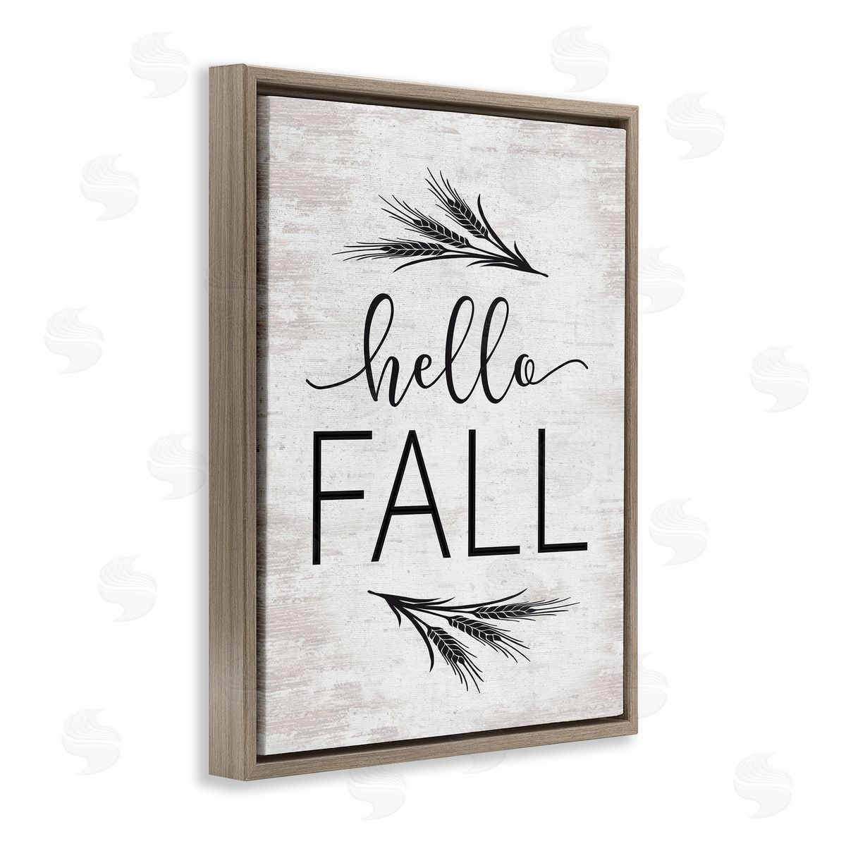 Lettered and Lined Hello Fall Rustic Calligraphy Wheat Sprigs Botanical   Brown Floating Frame Canvas Wall Art Print