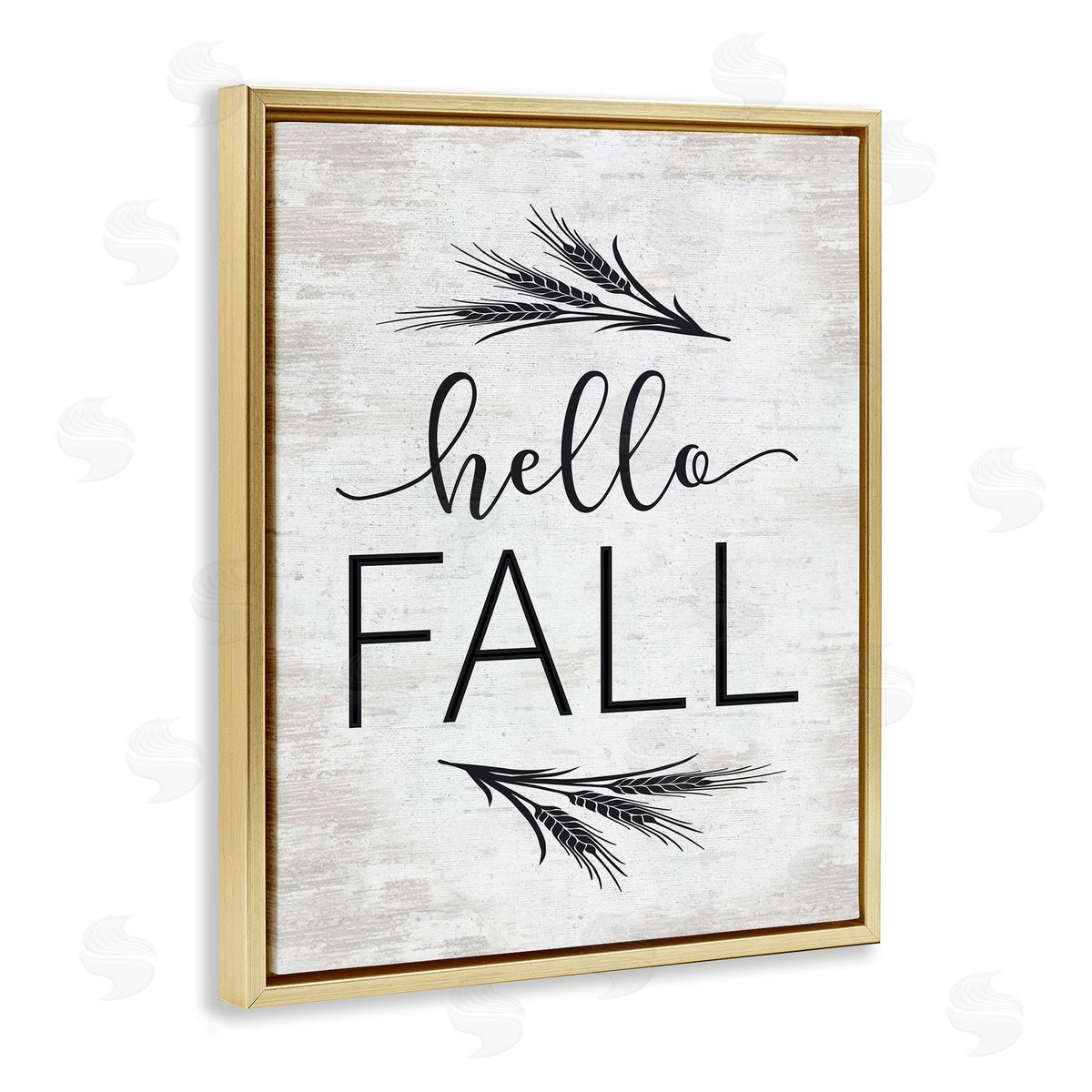 Lettered and Lined Hello Fall Rustic Calligraphy Wheat Sprigs Botanical   Gold Floating Frame Canvas Wall Art Print