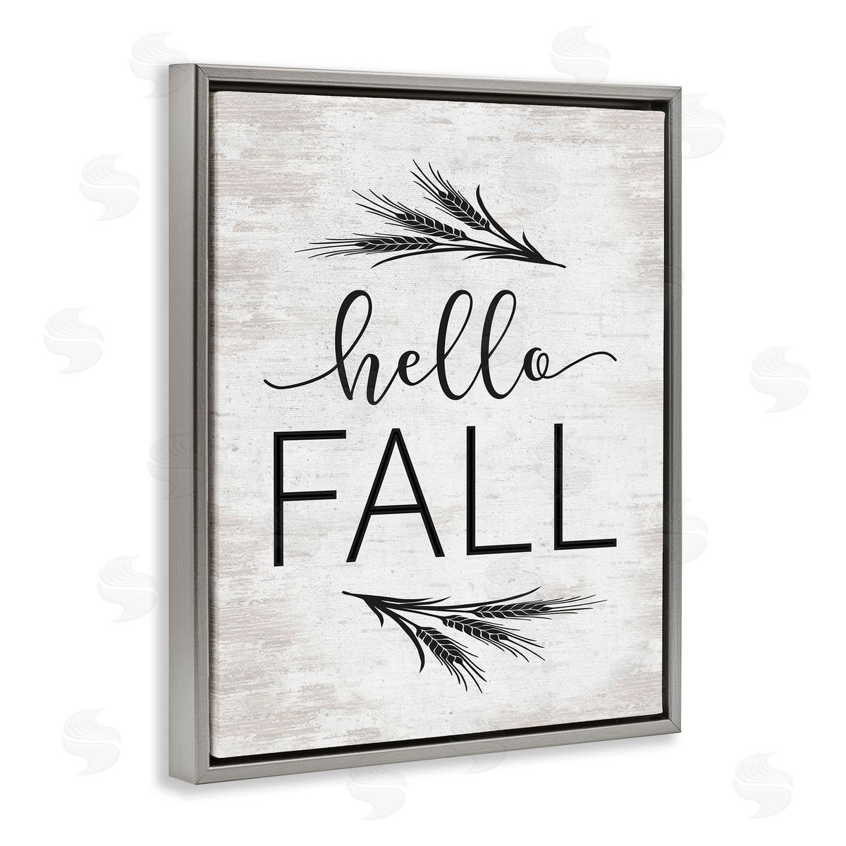 Lettered and Lined Hello Fall Rustic Calligraphy Wheat Sprigs Botanical   Gray Floating Frame Canvas Wall Art Print