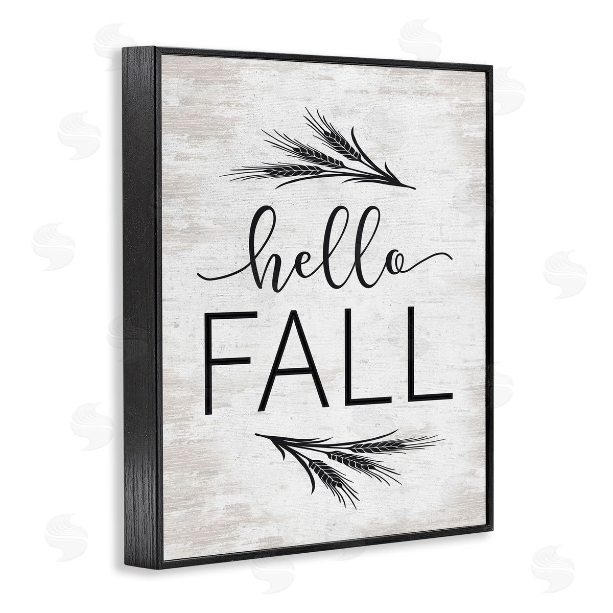 Lettered and Lined Hello Fall Rustic Calligraphy Wheat Sprigs Botanical   Black Framed Giclee Wall Art Print
