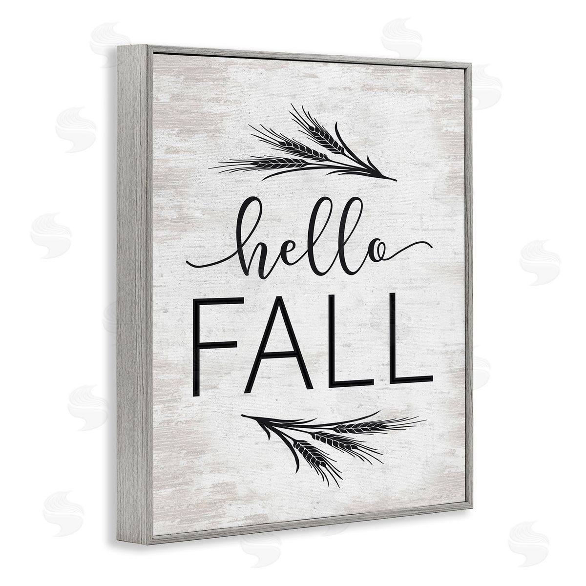 Lettered and Lined Hello Fall Rustic Calligraphy Wheat Sprigs Botanical   Gray Framed Giclee Wall Art Print