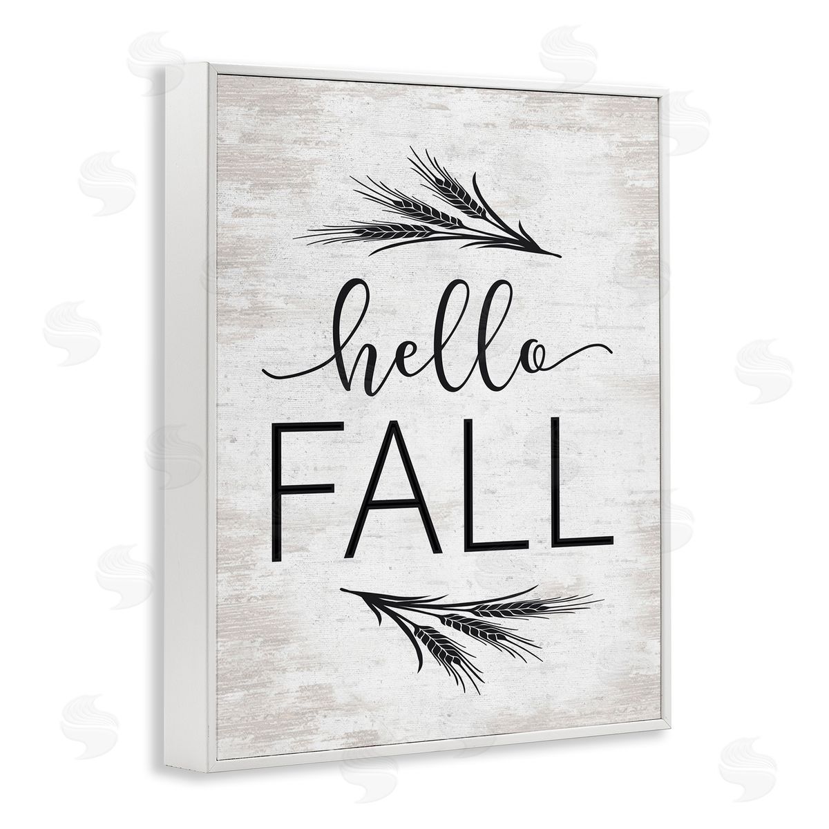 Lettered and Lined Hello Fall Rustic Calligraphy Wheat Sprigs Botanical   White Framed Giclee Wall Art Print