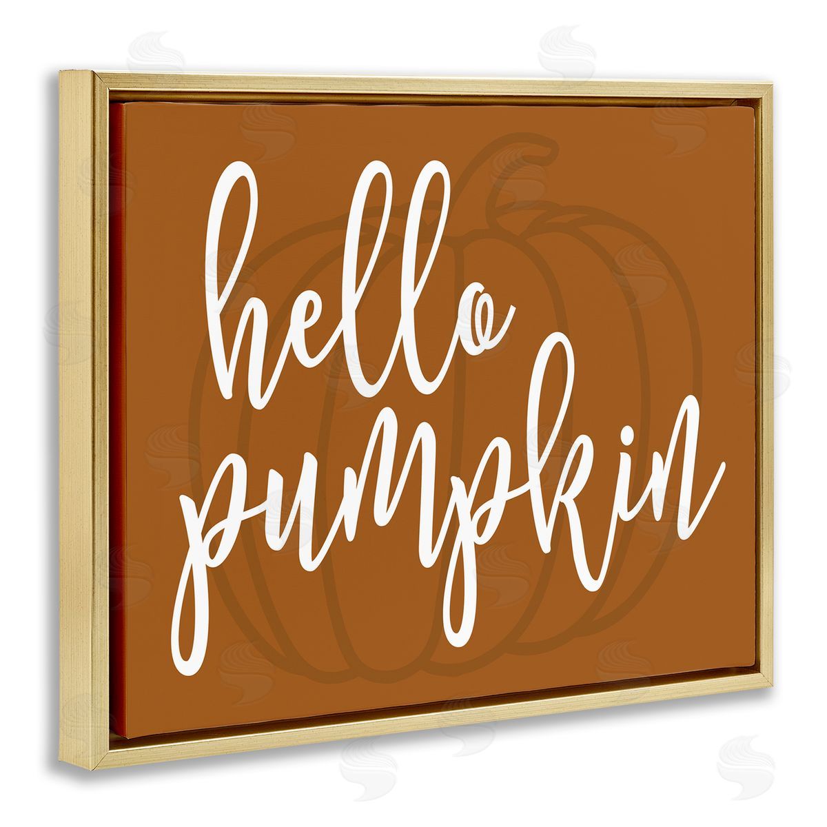 Lettered and Lined Hello Pumpkin Romantic Autumn Script Phrase  Gold Floating Frame Canvas Wall Art Print