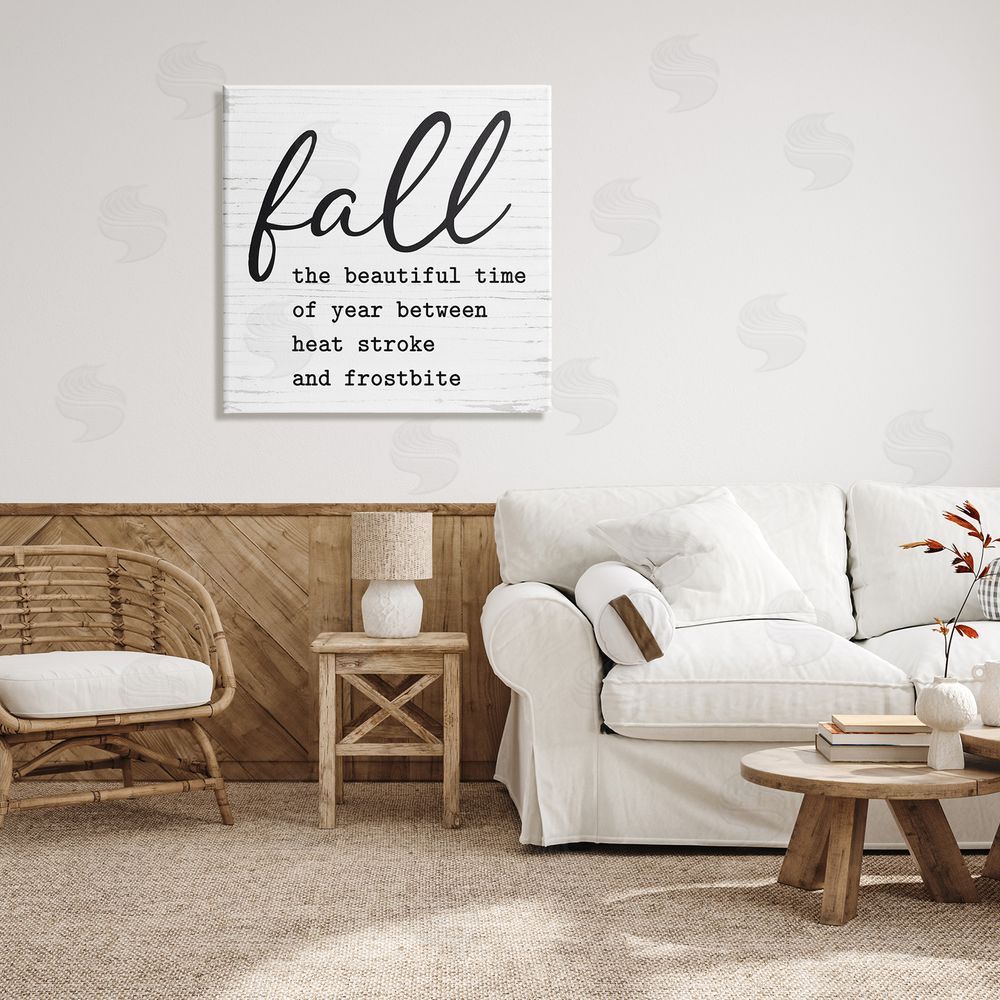 Lettered and Lined Funny Fall Autumn Phrase Rustic Grain Pattern Canvas Wall Art in Room