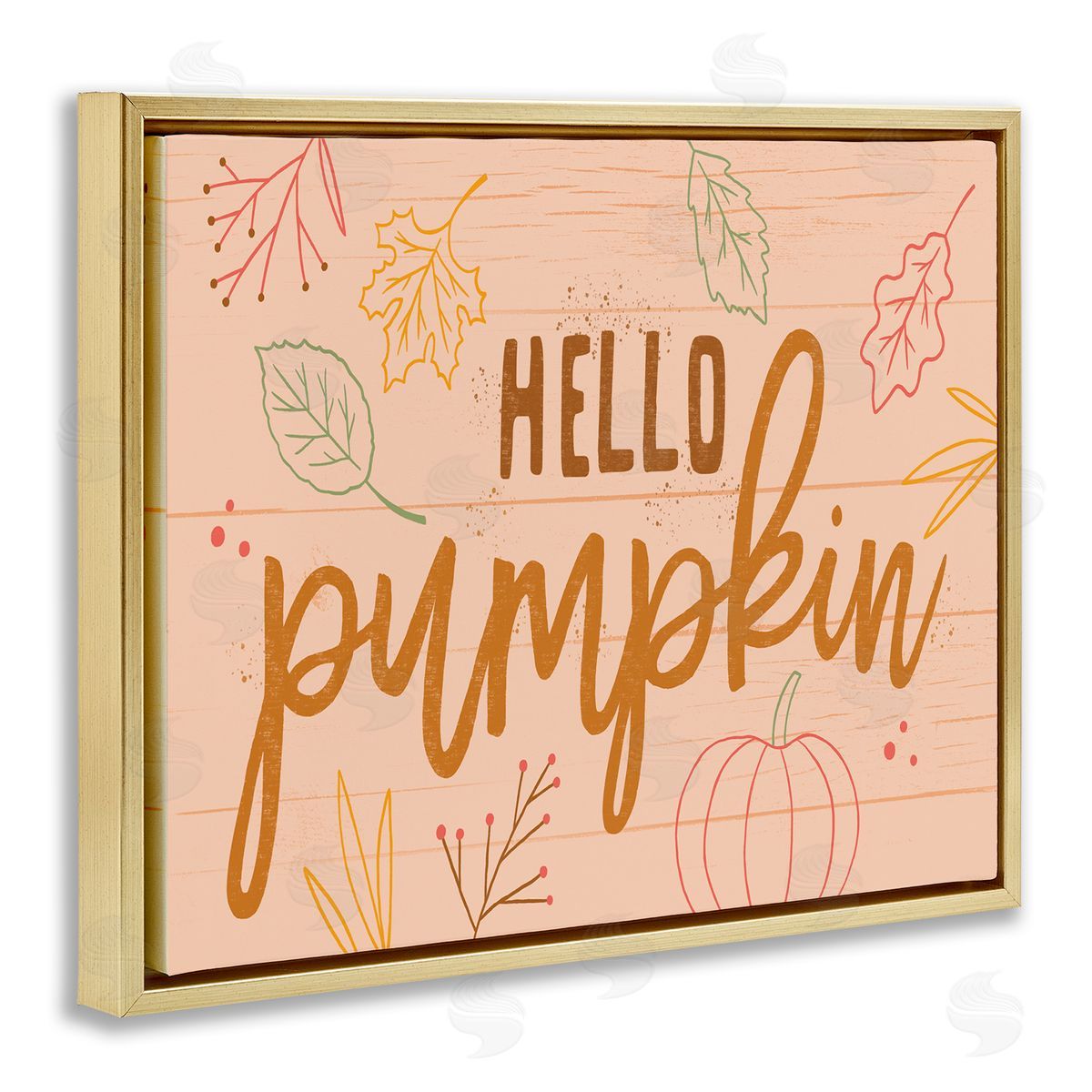 Nina Seven Hello Pumpkin Patterned Botanicals Autumn Phrase Gold Floating Frame Canvas Wall Art Print
