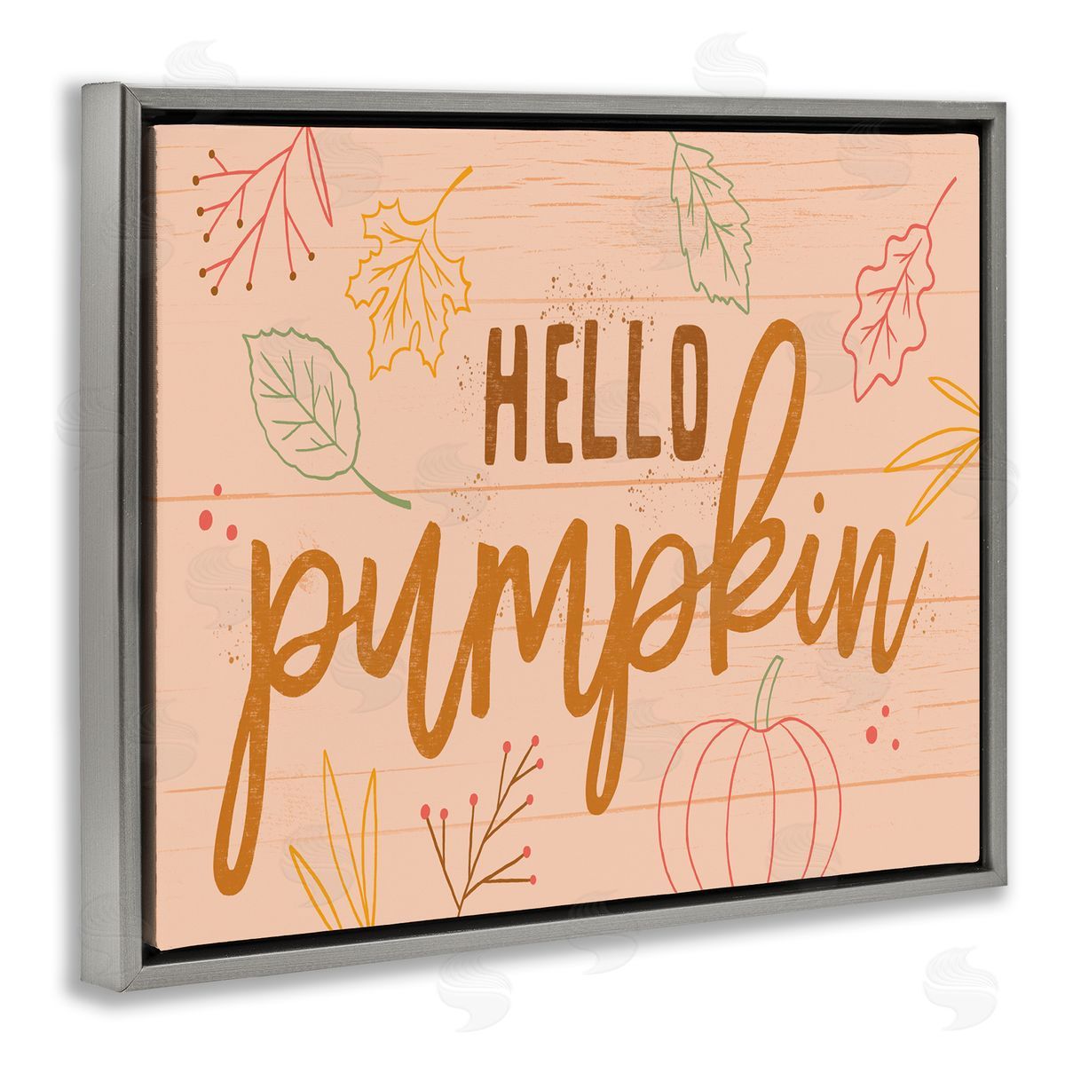 Nina Seven Hello Pumpkin Patterned Botanicals Autumn Phrase Gray Floating Frame Canvas Wall Art Print