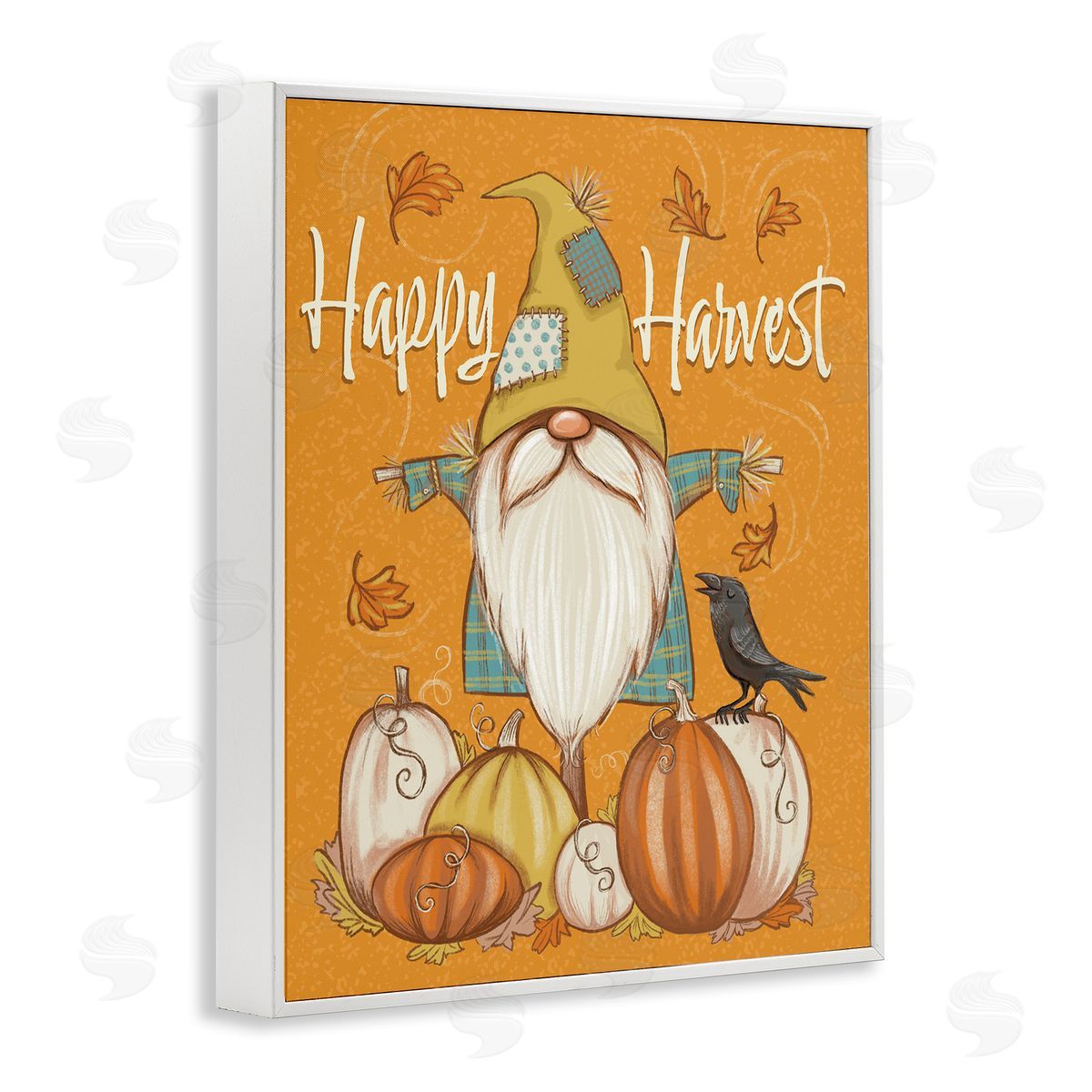 Figgy Puddings Happy Harvest Scarecrow Gnome Seasonal Pumpkins Crow White Framed Giclee Wall Art Print