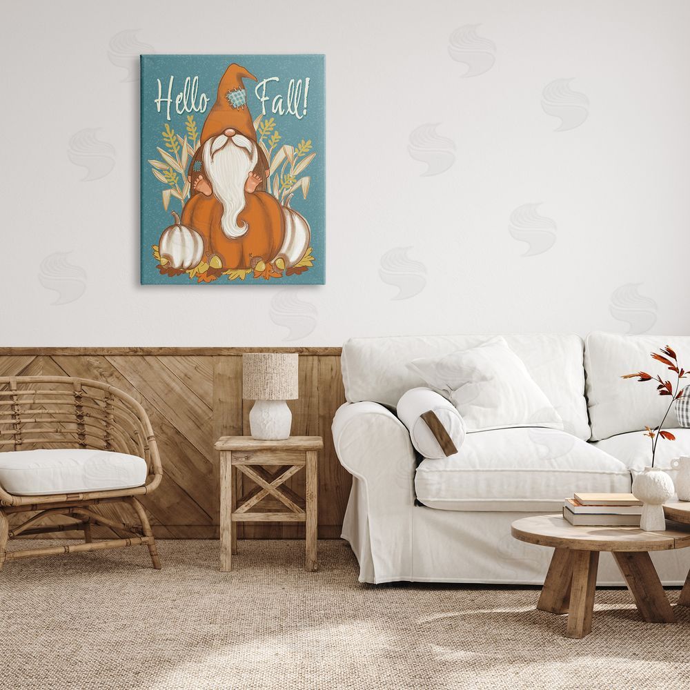 Figgy Puddings Hello Fall Seasonal Garden Gnome Wheat Sprigs Pumpkins Canvas Wall Art Print in Room