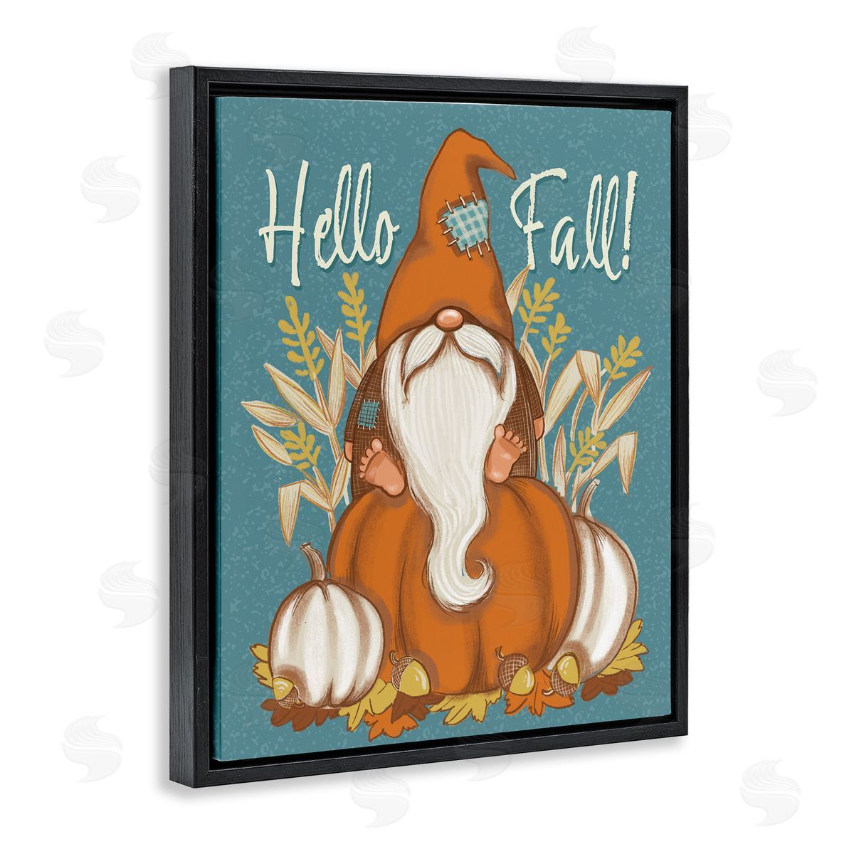Figgy Puddings Hello Fall Seasonal Garden Gnome Wheat Sprigs Pumpkins Black Floating Frame Canvas Wall Art Print