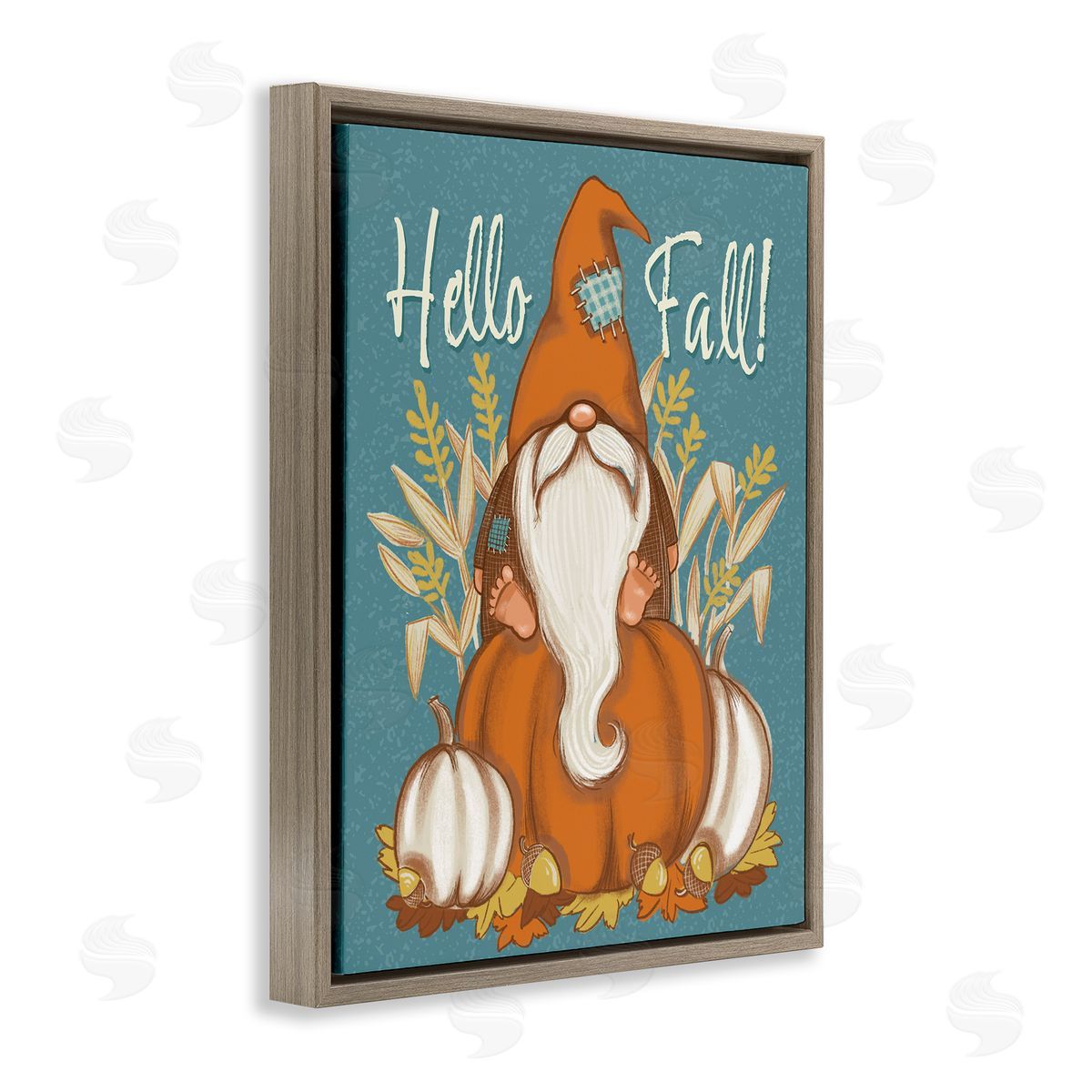 Figgy Puddings Hello Fall Seasonal Garden Gnome Wheat Sprigs Pumpkins Brown Floating Frame Canvas Wall Art Print