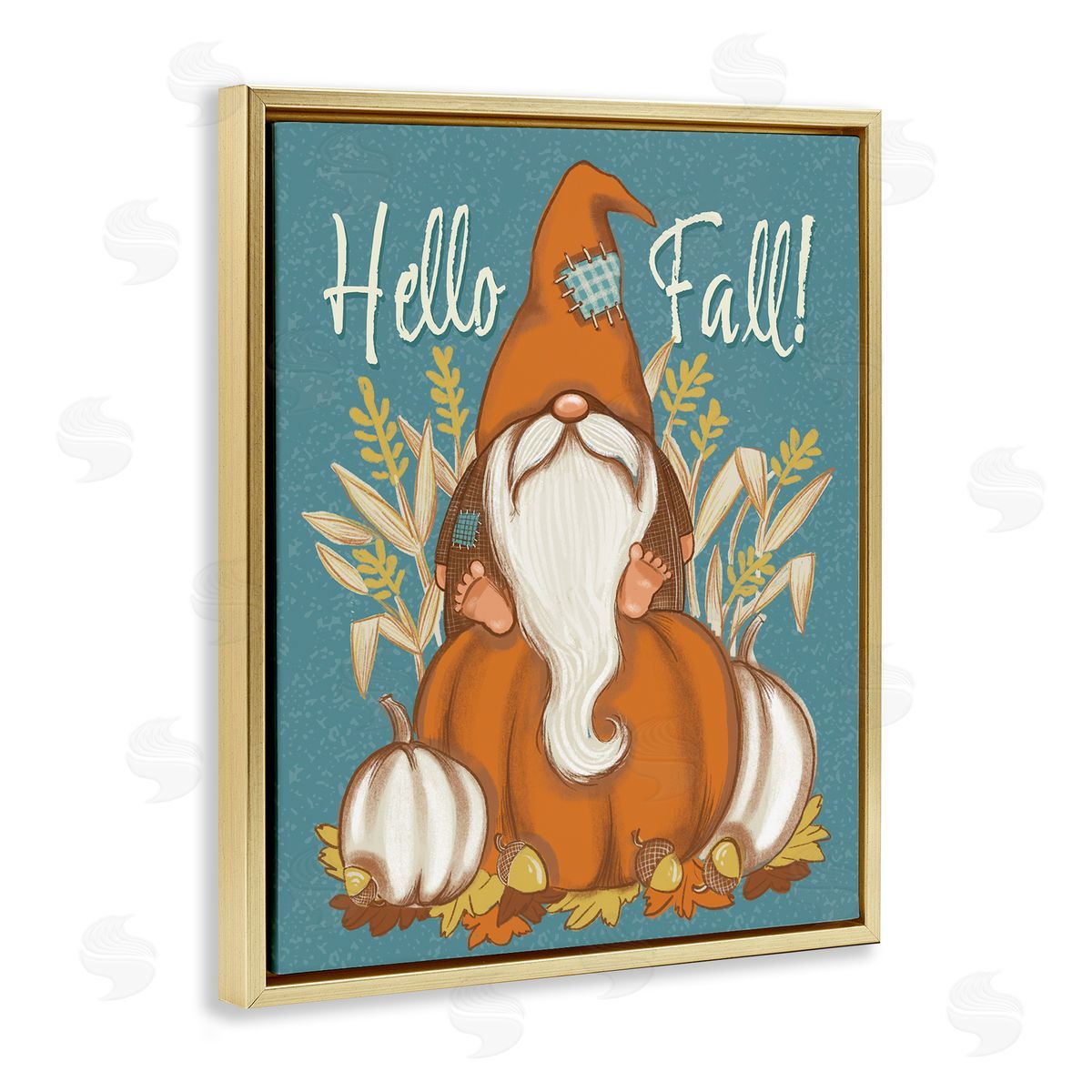 Figgy Puddings Hello Fall Seasonal Garden Gnome Wheat Sprigs Pumpkins Gold Floating Frame Canvas Wall Art Print