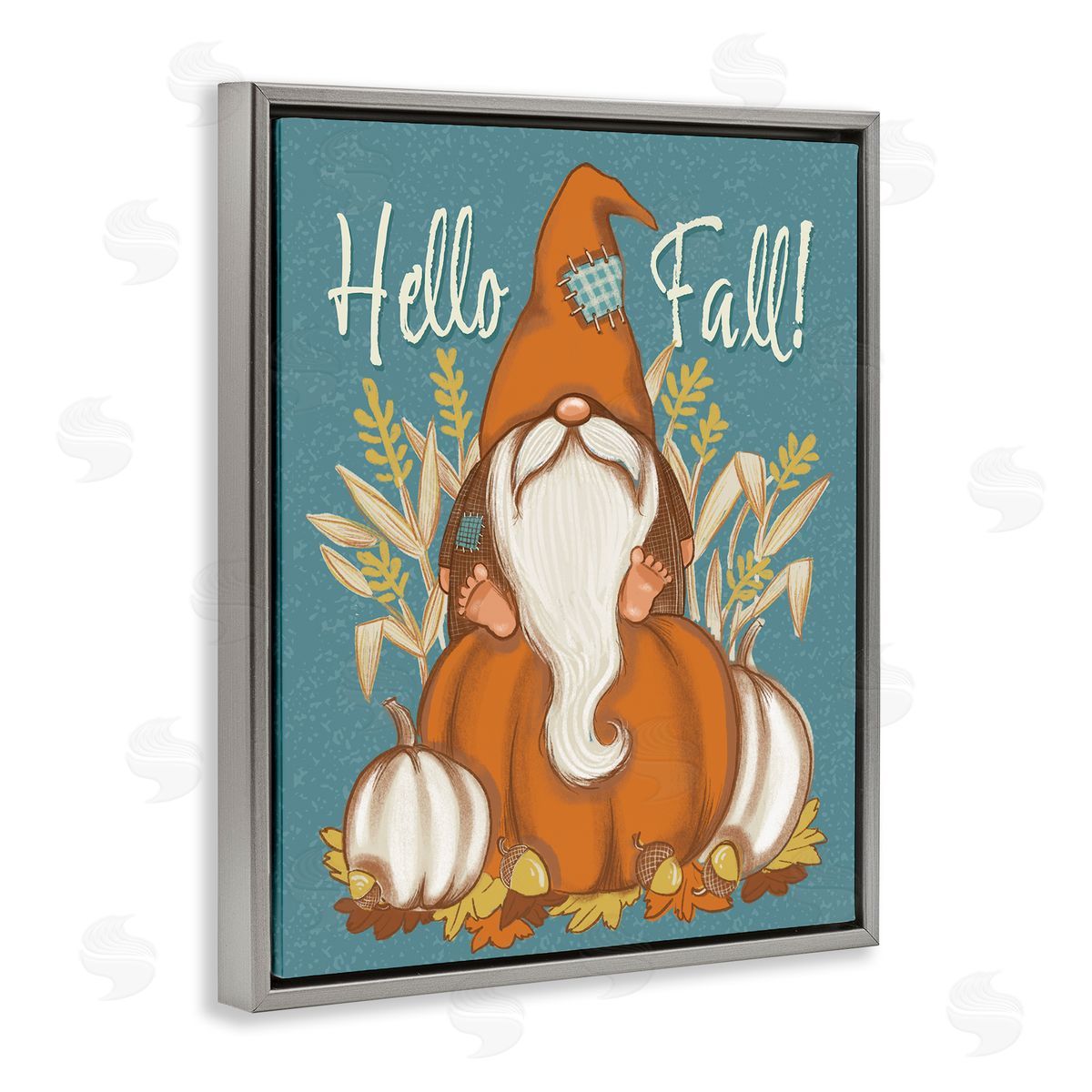 Figgy Puddings Hello Fall Seasonal Garden Gnome Wheat Sprigs Pumpkins Gray Floating Frame Canvas Wall Art Print