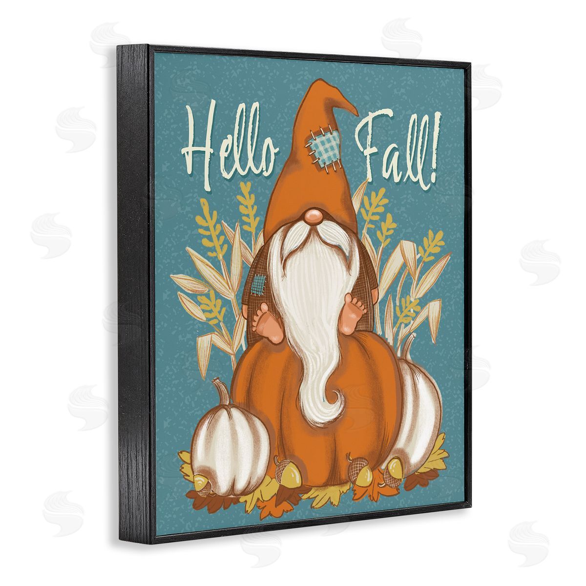 Figgy Puddings Hello Fall Seasonal Garden Gnome Wheat Sprigs Pumpkins Black Framed Giclee Wall Art Print