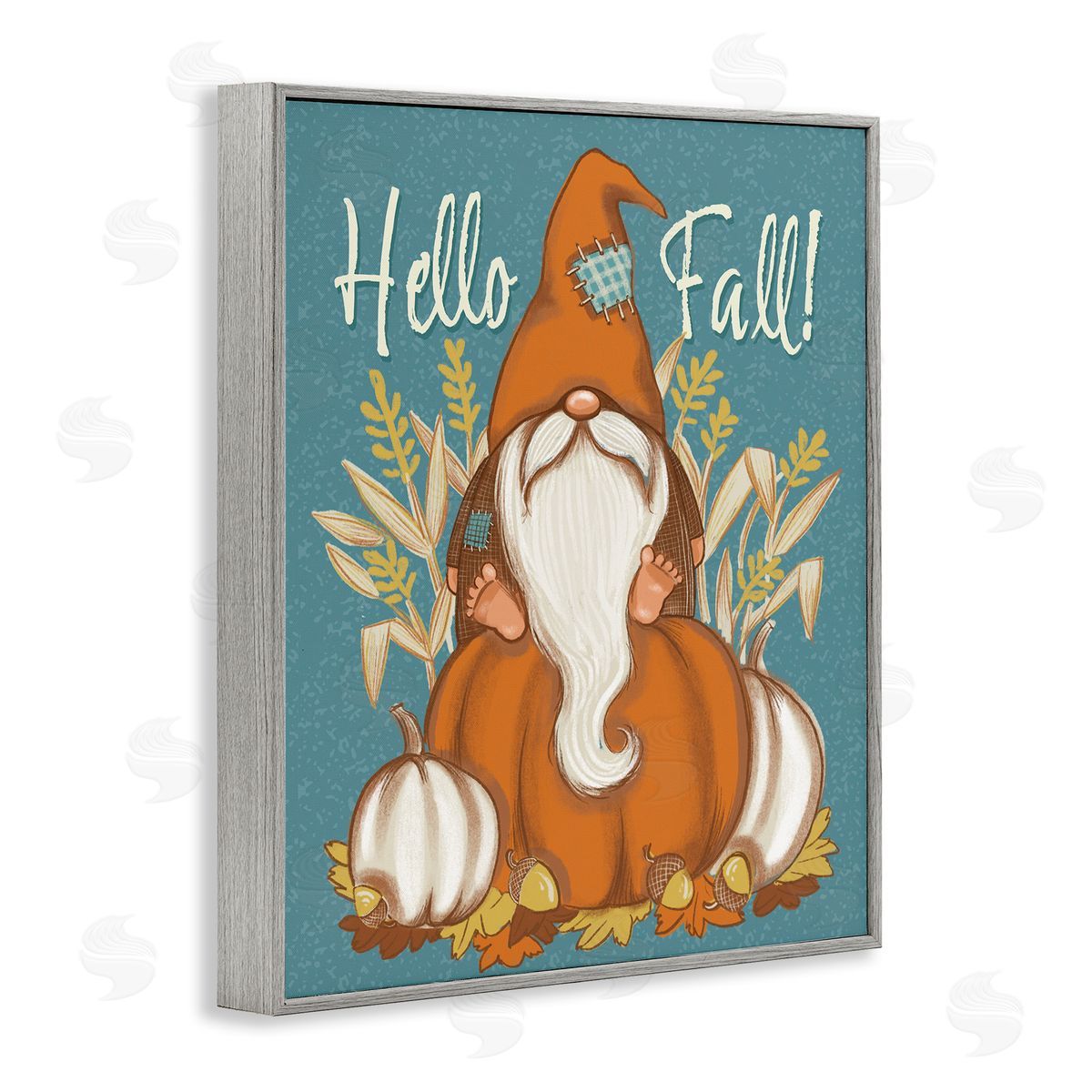 Figgy Puddings Hello Fall Seasonal Garden Gnome Wheat Sprigs Pumpkins Gray Framed Giclee Wall Art Print