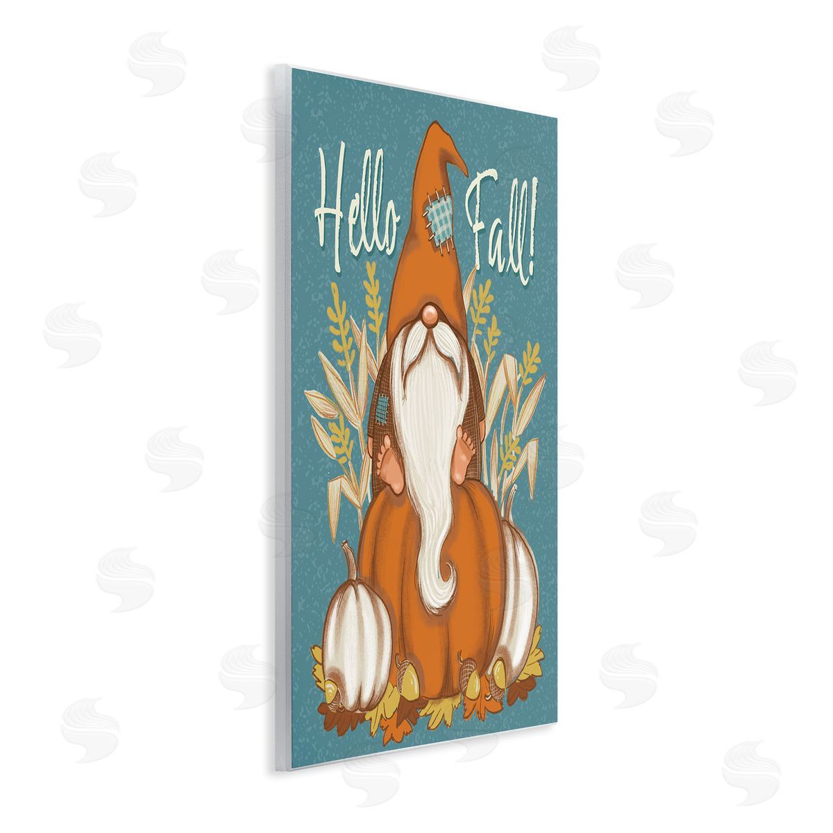 Figgy Puddings Hello Fall Seasonal Garden Gnome Wheat Sprigs Pumpkins Wall Plaque Art Print