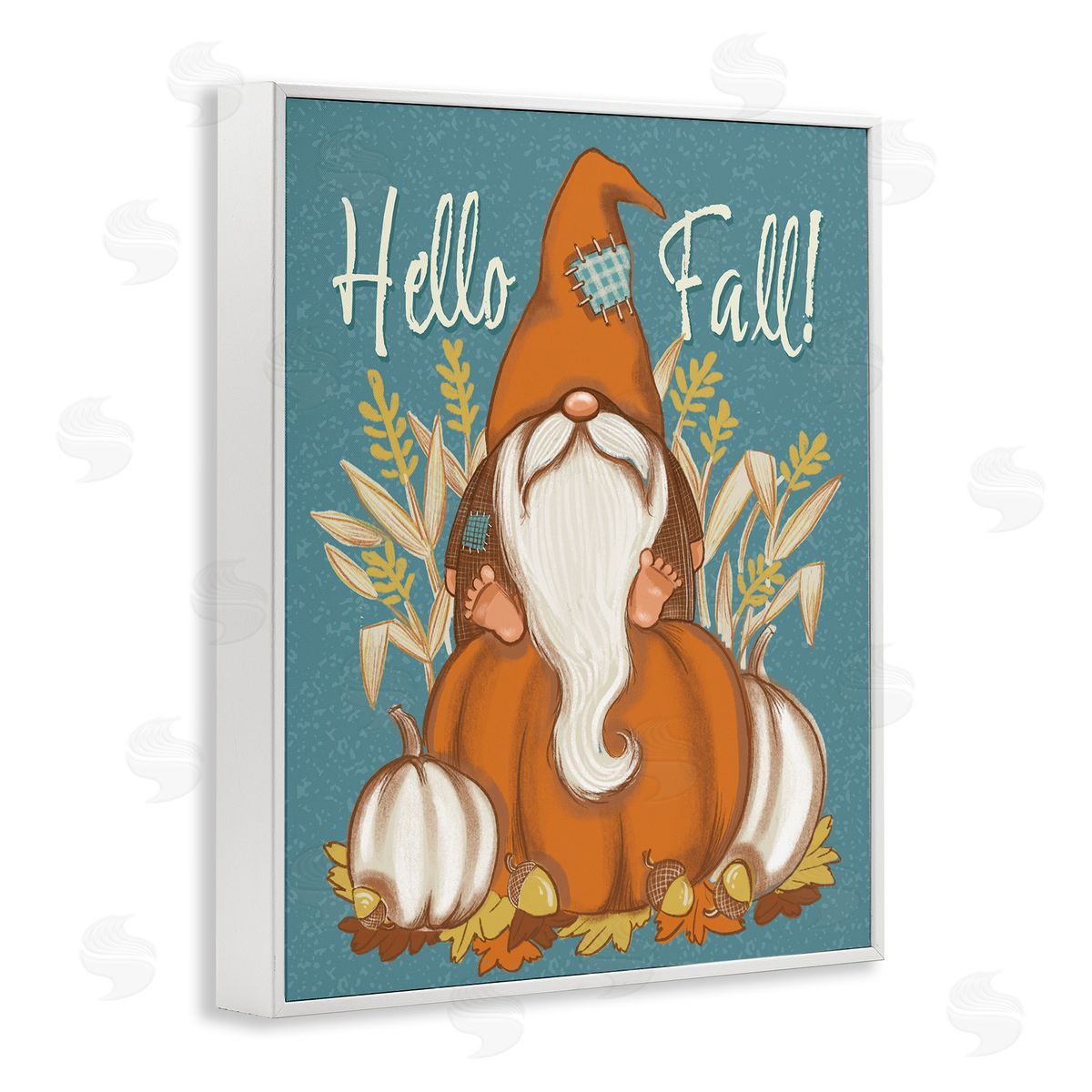 Figgy Puddings Hello Fall Seasonal Garden Gnome Wheat Sprigs Pumpkins White Framed Giclee Wall Art Print
