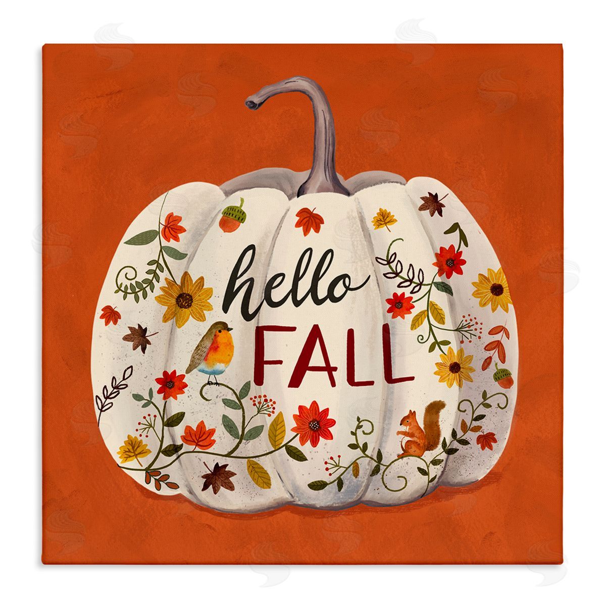 Sharon Lee Hello Fall Patterned White Pumpkin Floral Botanicals Stretched Canvas Wall Art Print