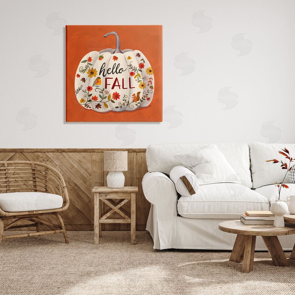 Sharon Lee Hello Fall Patterned White Pumpkin Floral Botanicals Canvas Wall Art in Room