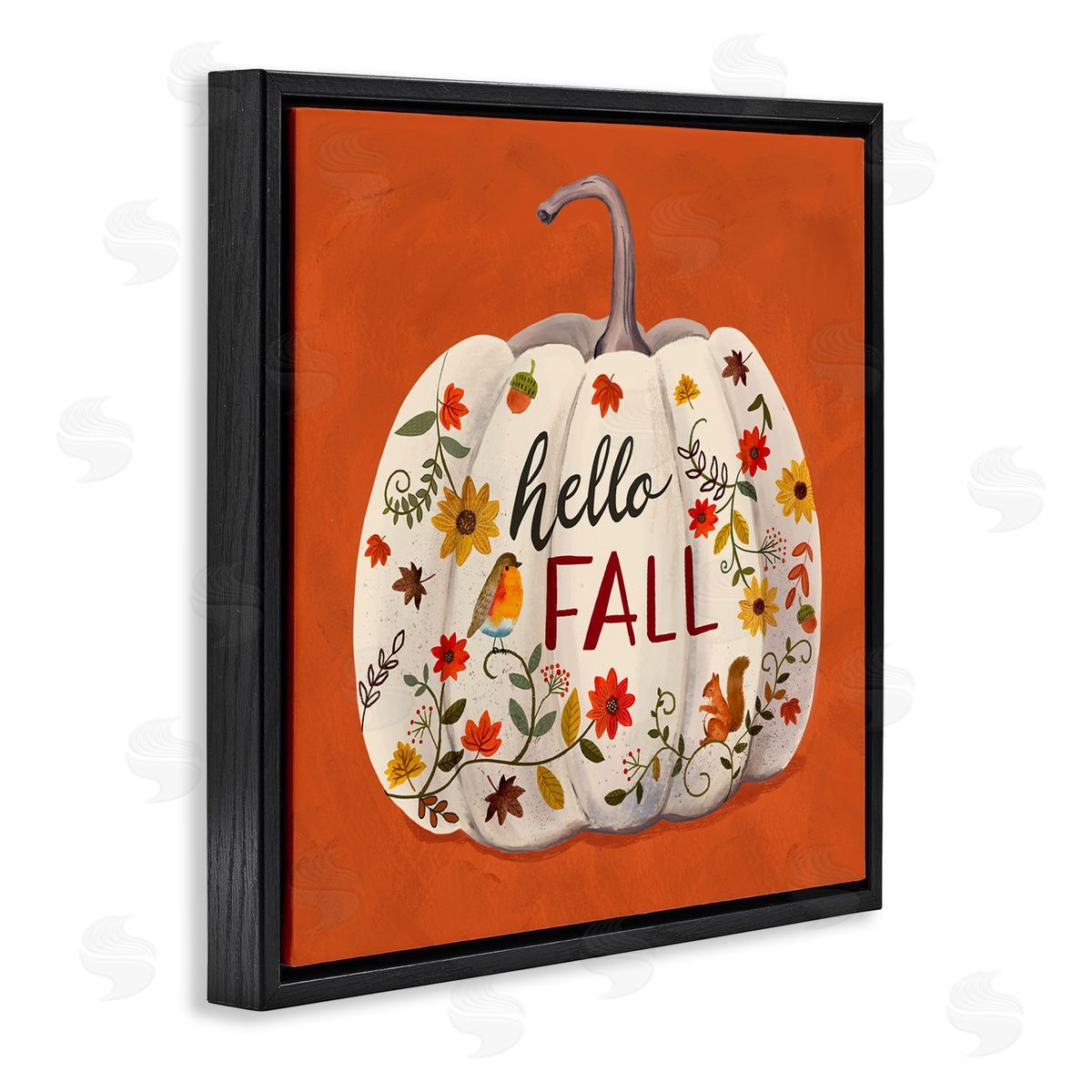 Sharon Lee Hello Fall Patterned White Pumpkin Floral Botanicals Black Floating Frame Canvas Wall Art Print