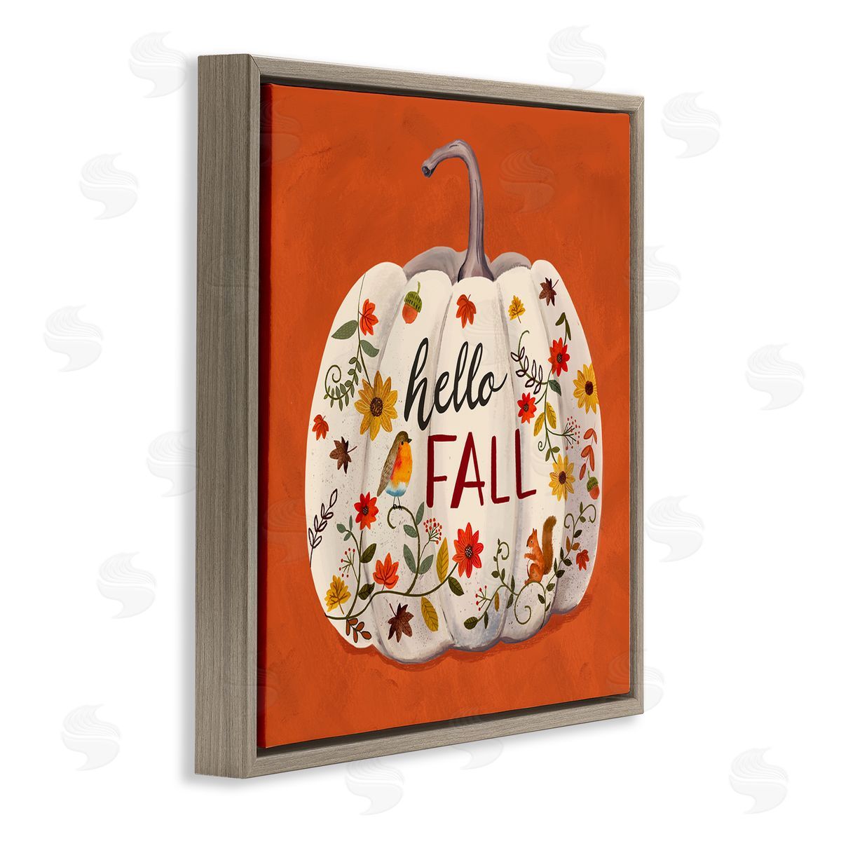 Sharon Lee Hello Fall Patterned White Pumpkin Floral Botanicals Brown Floating Frame Canvas Wall Art Print