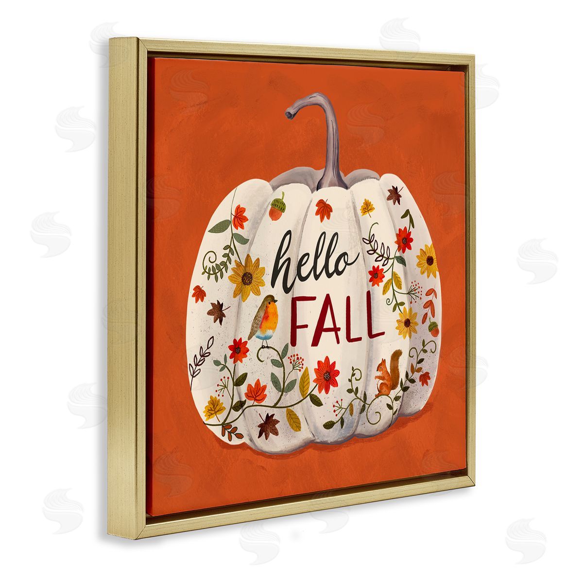 Sharon Lee Hello Fall Patterned White Pumpkin Floral Botanicals Gold Floating Frame Canvas Wall Art Print