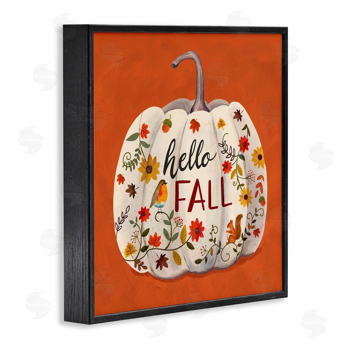 Sharon Lee Hello Fall Patterned White Pumpkin Floral Botanicals Black Framed Glicee Wall Art Print