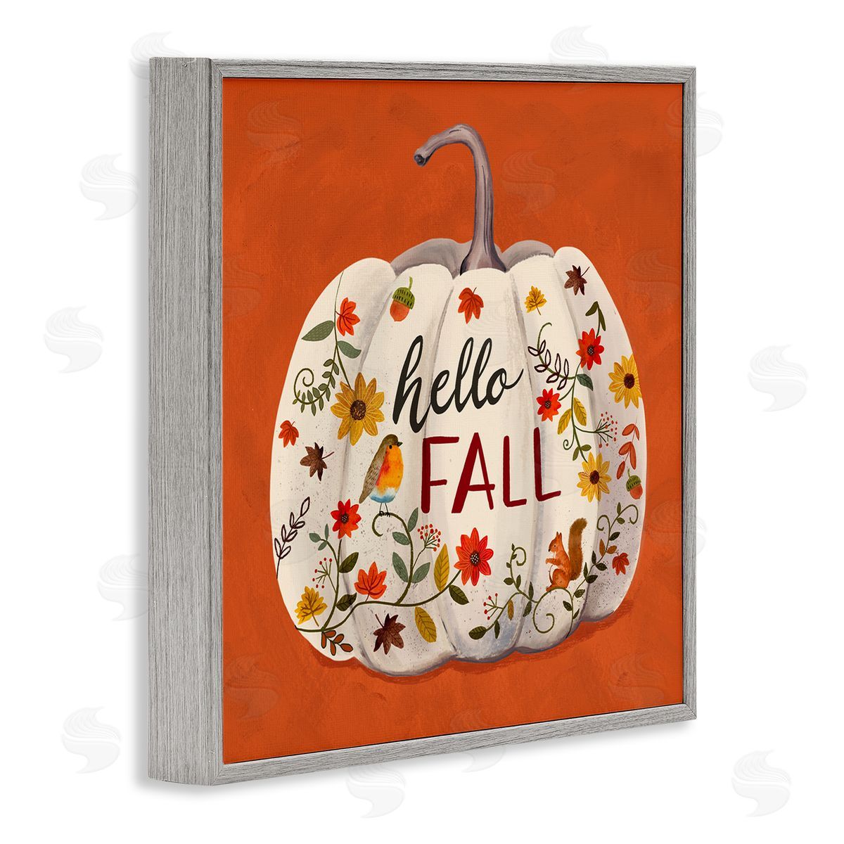Sharon Lee Hello Fall Patterned White Pumpkin Floral Botanicals Gray Framed Glicee Wall Art Print